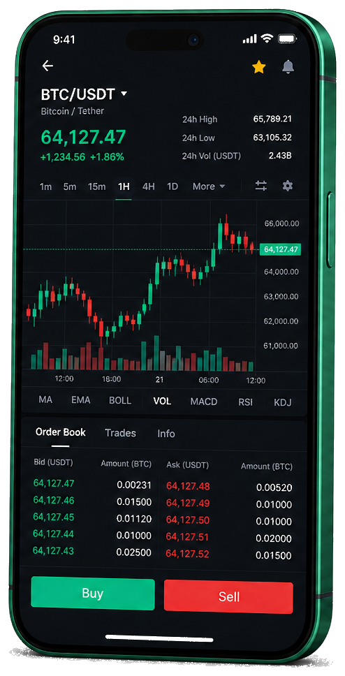Interface mobile de trading Avenive Solvoral — cours BTC/USDT en direct, carnet d’ordres et outils d’exécution